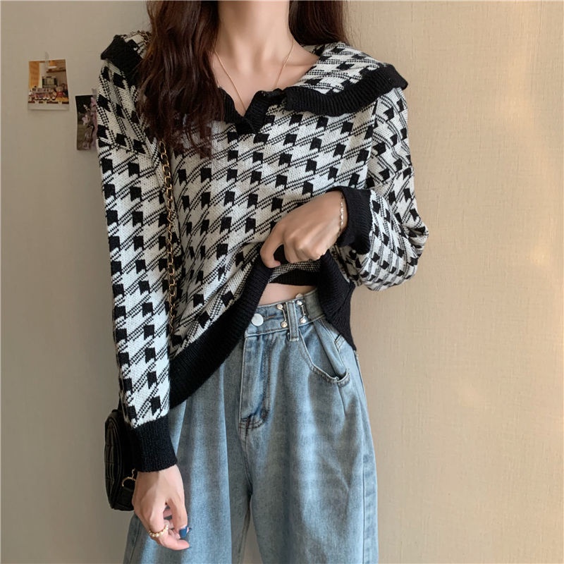 Áo dệt kim tay dài cổ búp bê dáng rộng phong cách hàn quốc