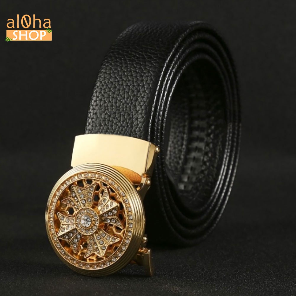 Thắt lưng da nam cao cấp mặt tròn đính đá xoay 360, khoá tự động - al0ha Shop