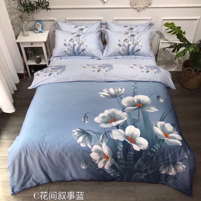 Bộ Chăn Ga Gối Cotton Hàn 100% Hình Hoa 3 Cánh (Không kèm ruột bên trong)