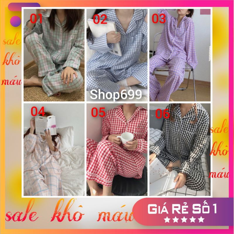 (CÓ SẴN - GIÁ GỐC)BỘ PIJAMA DÀI TAY KẺ CARO PHONG CÁCH HÀN QUỐC