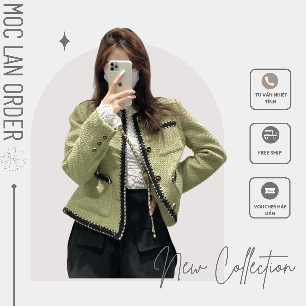 Áo dạ tweed xanh cốm siêu xinh phong cách tiểu thư thu đông