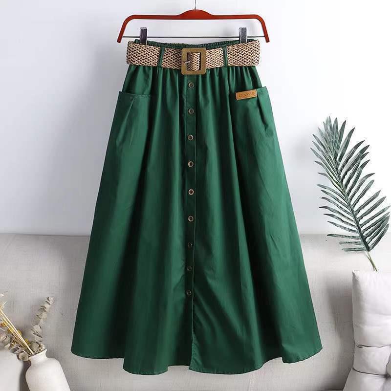 Chân Váy Chữ A Dáng Dài Xẻ Tà Vải cotton Lưng Cao Co Giãn Phối Túi Lớn Thời Trang Cho Nữ