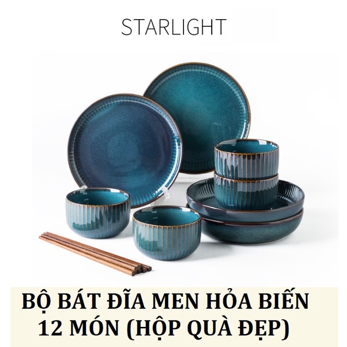 (HỘP QUÀ ĐẸP) Bộ bát đĩa sứ men hỏa biến xanh ngọc Star - Bát tô sứ cao cấp phong cách Bắc Âu
