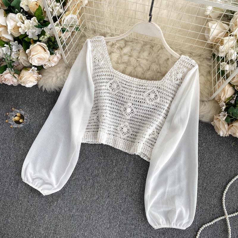 Áo sơ mi chiffon dệt kim cổ vuông tay phồng phối nút kiểu retro Hàn Quốc xinh xắn cho nữ