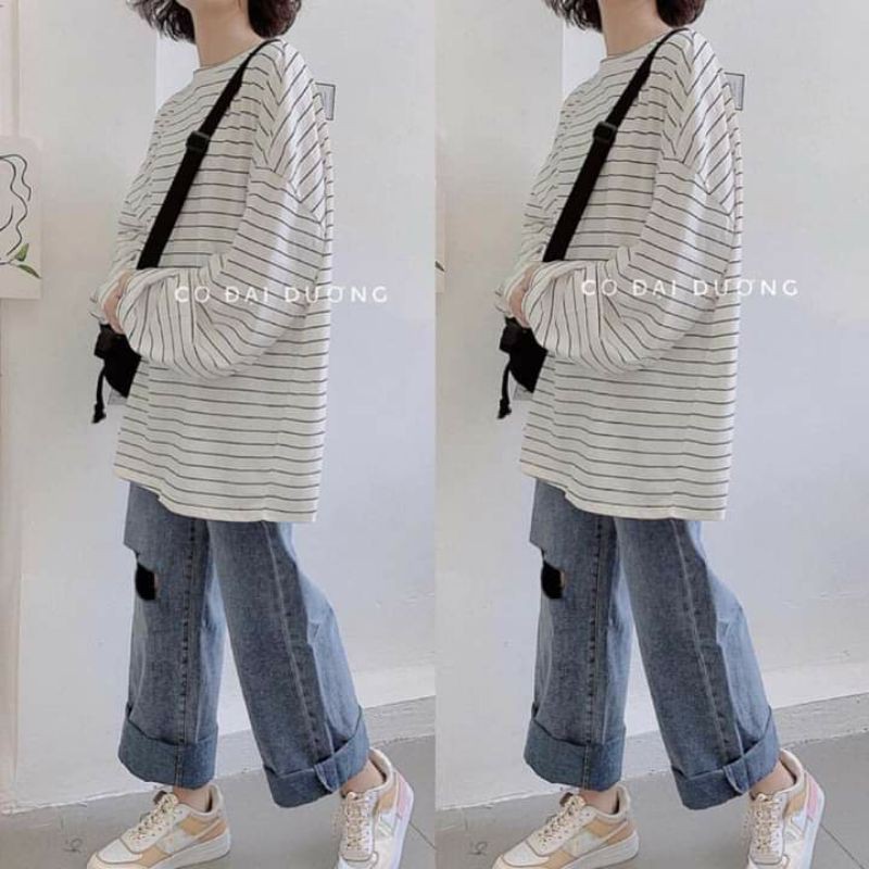 [SIÊU HOT Áo Thun Kẻ Oversize 358 (Áo Thun Tay Dài Nữ)