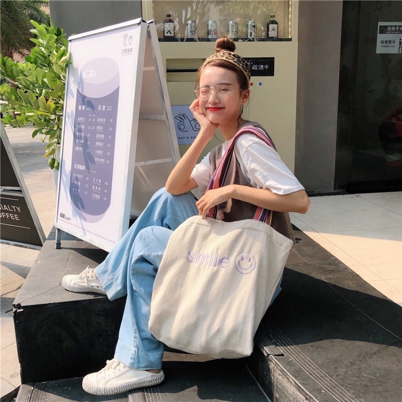 Túi Tote Vải Canvas Thêu Hoạ Tiết Smile Xinh Xắn