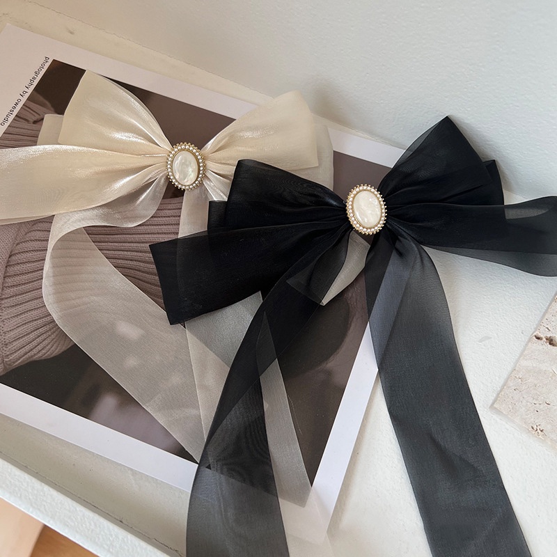 Kẹp Tóc Hình Nơ Cỡ Lớn Đính Ngọc Trai Kiểu Pháp Dễ Thương