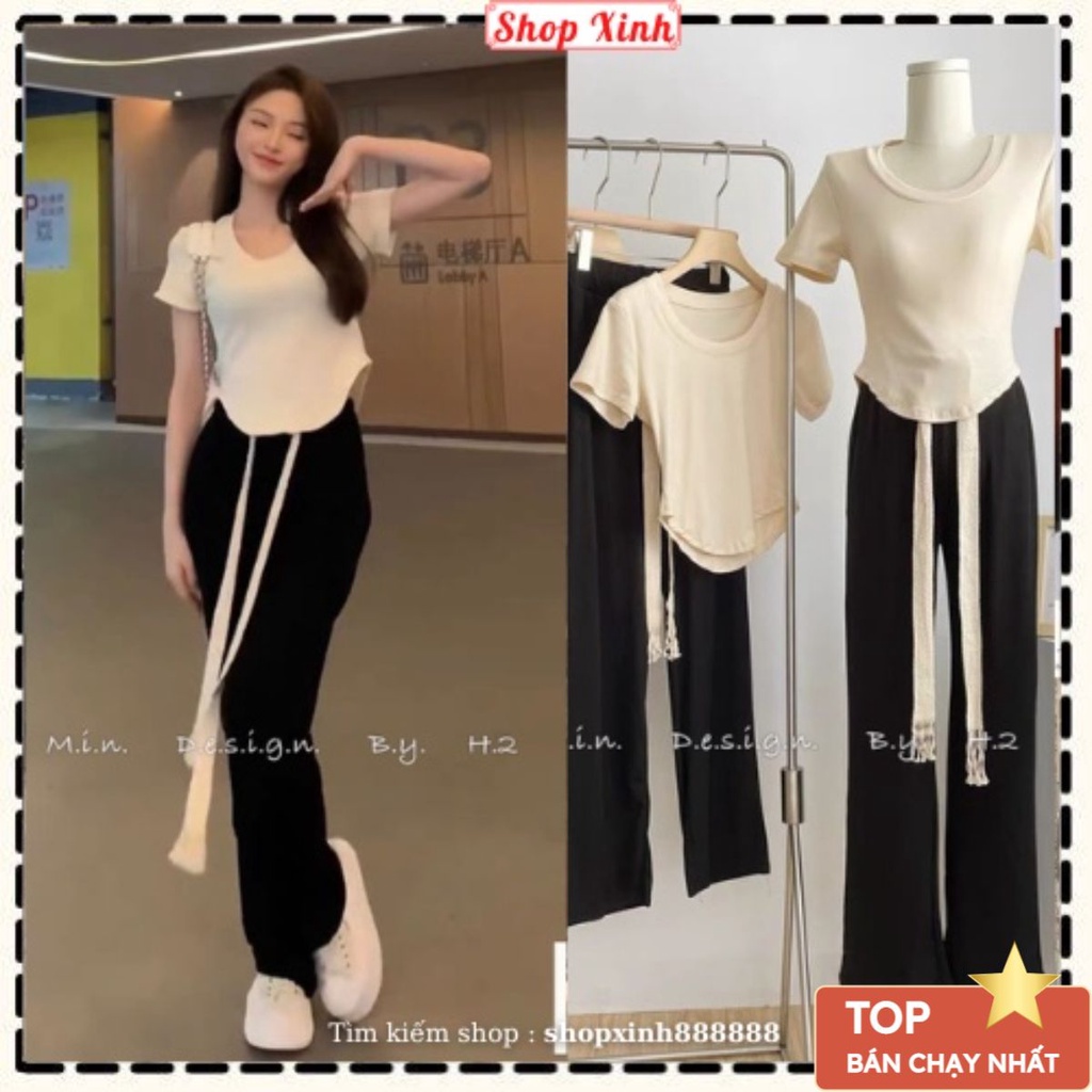 Set đồ xinh Áo thun nữ đuôi tôm mix quần suông chất da cá chéo lên phom thể thao cho nàng dạo phố cực ngầu