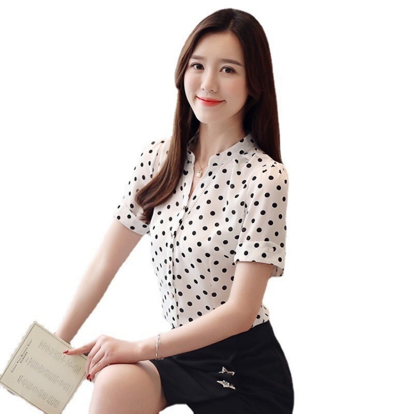 Áo sơ mi nữ ngắn tay cổ trụ kiểu đẹp họa tiết chấm bi thời trang Hàn Quốc trẻ trung thanh lịch cao cấp