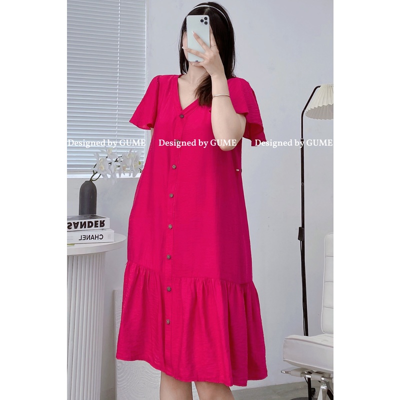 Váy bầu bigsize -Đầm bầu thiết kế GuMe VÁY ĐŨI HÀN TAY CHUÔNG ĐUÔI CÁ CỔ TIM 2 MÀU SIÊU XINH GM026