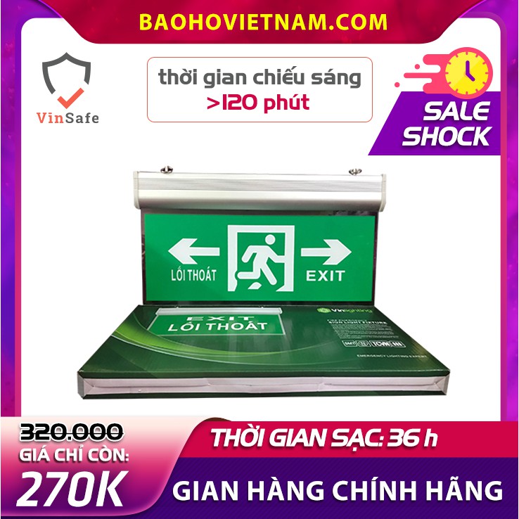 Đèn exit chỉ dẫn thoát hiểm 2 hướng, thời gian chiếu sáng > 120 phút, tiết kiệm điện, bảo hành 6 tháng