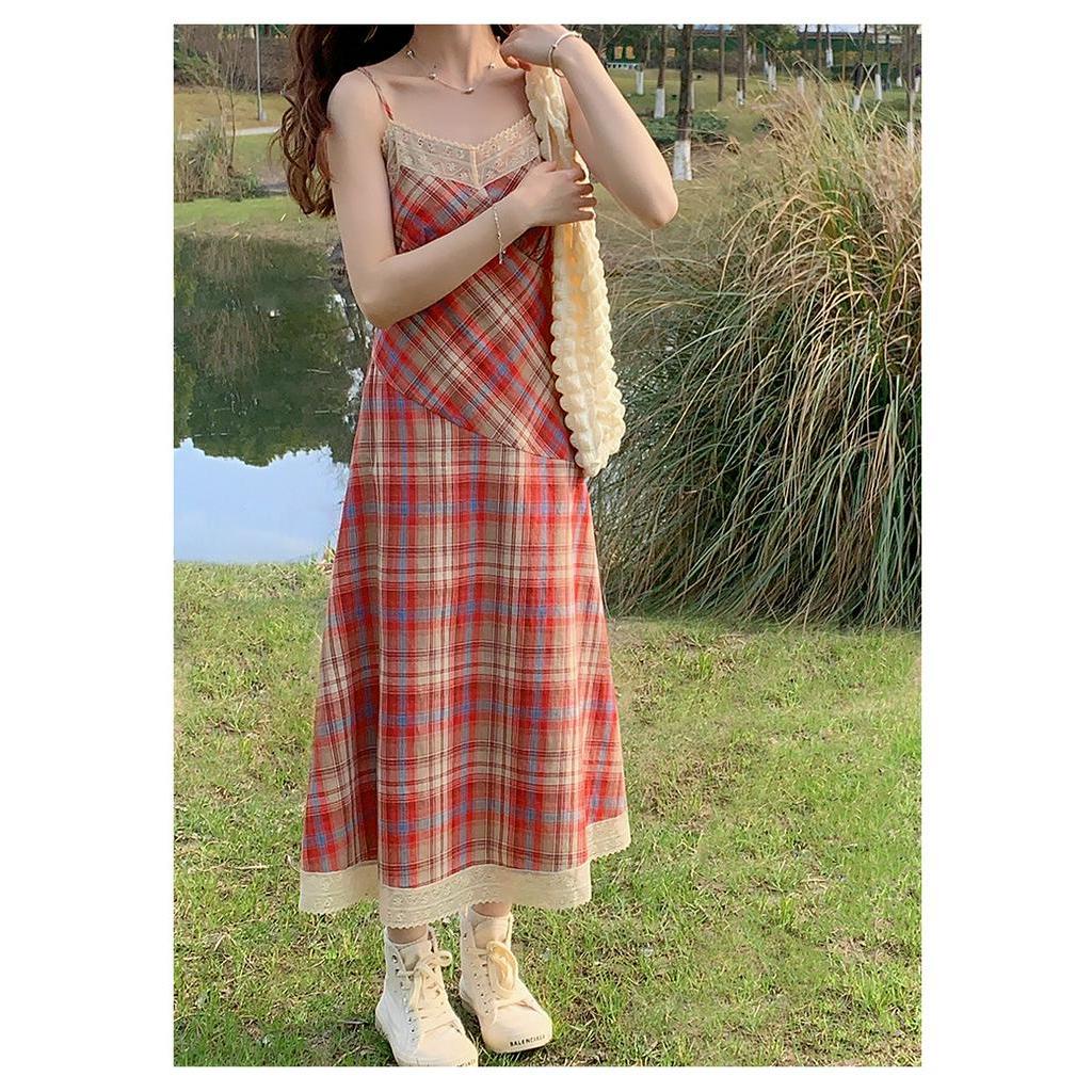 Đầm maxi Hai Dây Cổ Chữ V Phối Ren Họa Tiết Kẻ Sọc Ngọt Ngào Phong Cách Vintage Thời Trang Mù