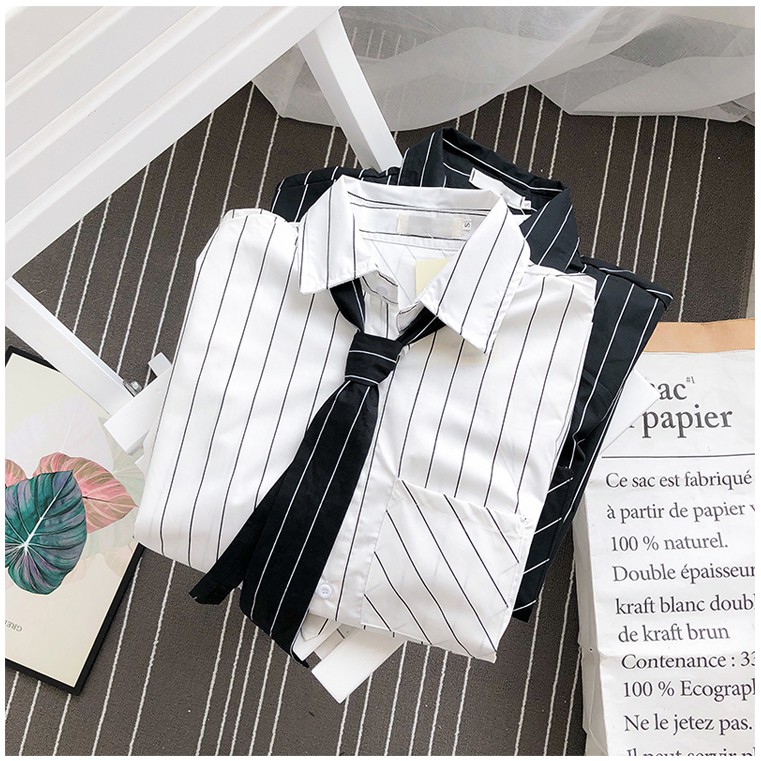 (A129) áo sơ mi unisex kẻ sọc kèm cà vạt 2 màu đen - trắng | BigBuy360 - bigbuy360.vn