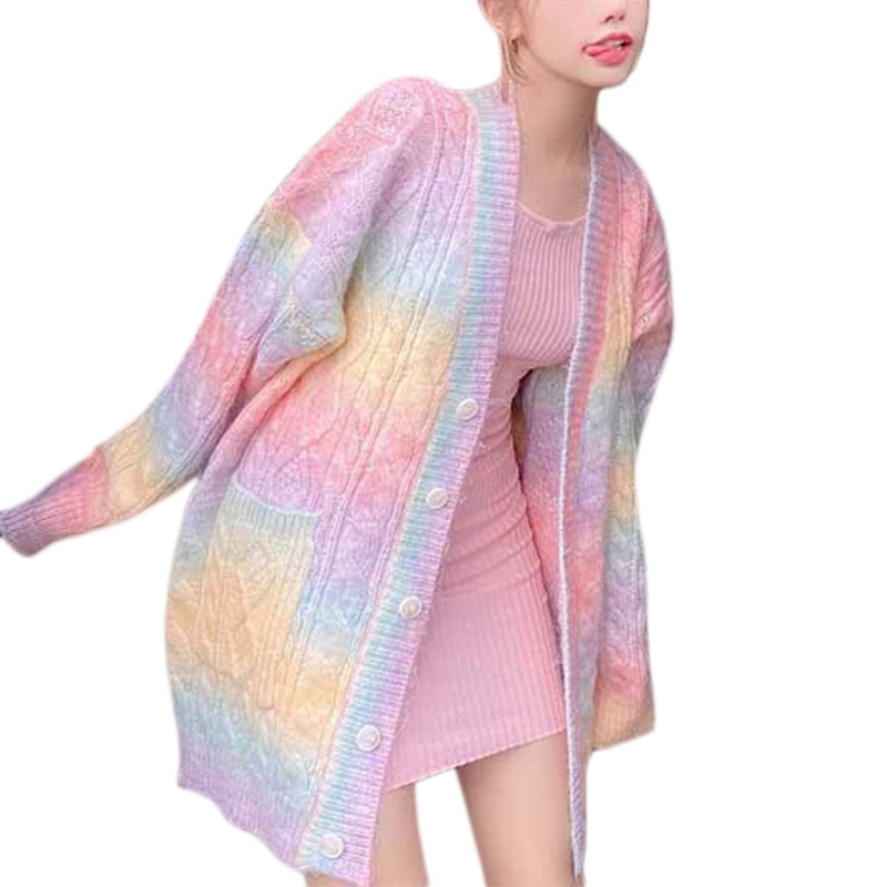 Áo Khoác Cardigan Dệt Kim Tay Dài Dáng Rộng Màu Cầu Vồng Thời Trang Cho Nữ