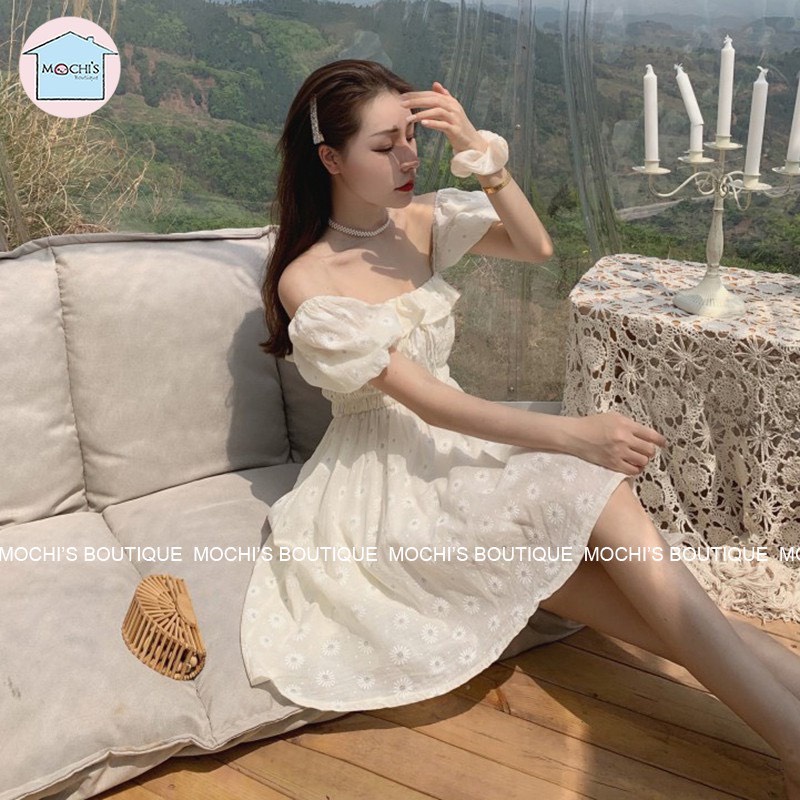 váy xòe trễ vai nhúm bèo hoa nhi ulzzang , phong cách hàn quốc | BigBuy360 - bigbuy360.vn