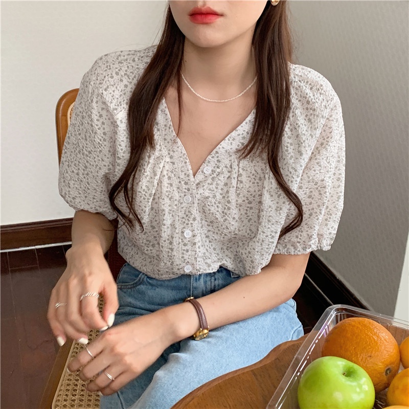 Áo Sơ Mi Tay Rộng In Hoa Phong Cách Hàn Quốc Thiết Kế Mới 44809