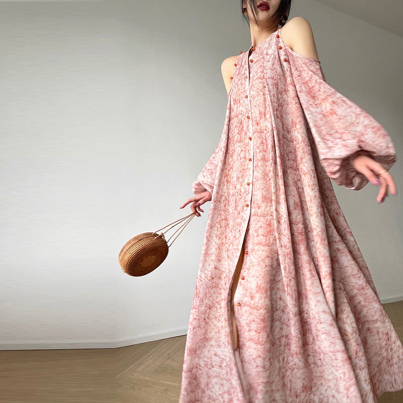 Hàng Có Sẵn Giao Hàng Ngay Ngay Ngay Lập Phương ~ 2022 Váy Dài Hở Vai In Họa Tiết Mực Phong Cách Pháp Mùa Thu