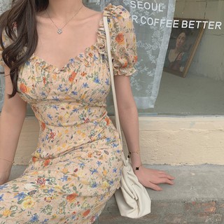 (HÀNG SẴN) Váy hoa nhí sơn dầu dáng dài cổ vuông style Vintage nhẹ nhàng dịu dàng kiểu Pháp