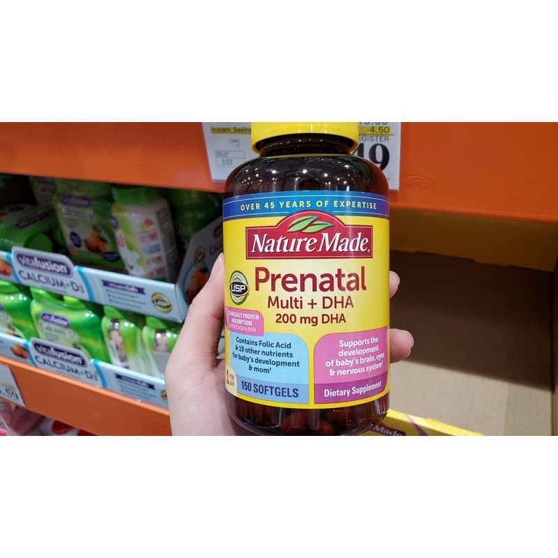 Vitamin Cho Bà Bầu Nature Made Prenatal Folic Acid Multi DHA 200mg Cho Bé Thông Minh Khỏe Mạnh - Hàng Chuẩn Mỹ