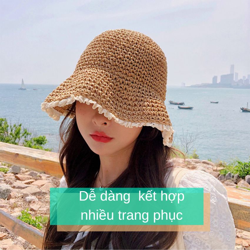 Mũ cói nón cói kiểu dáng Bucket viền ren chống nắng đi biển Trendy mẫu 2022