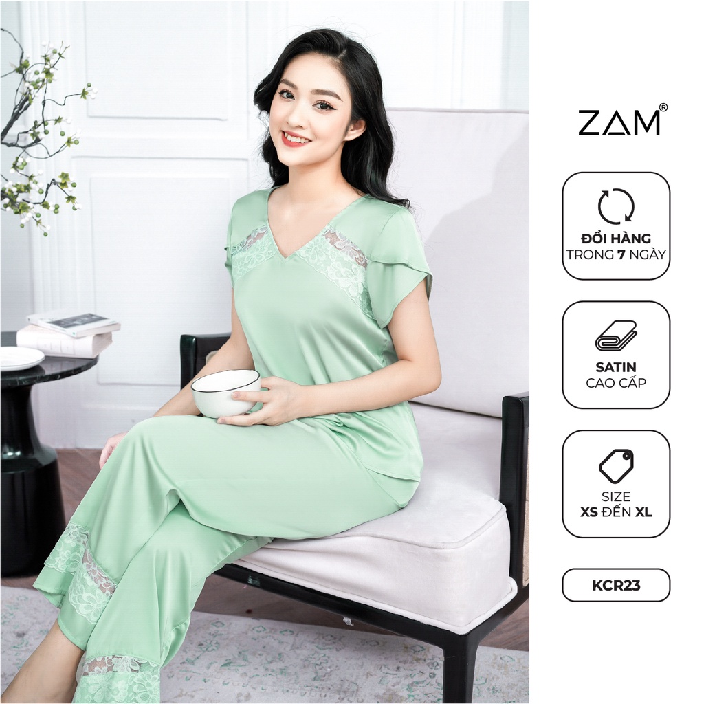 Bộ ngủ satin ZAM Luxury - KCR - áo không cổ ngắn tay quần dài màu trơn