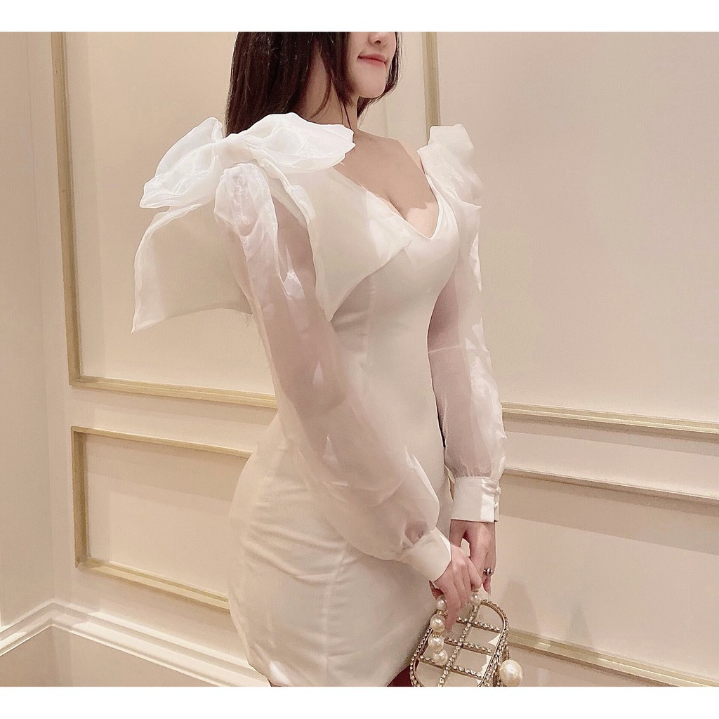 Đầm nơ vai voan lụa màu trắng H223 Hỉn Hỉn Store