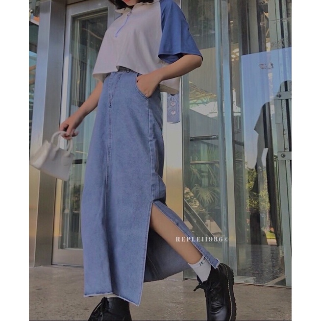 Chân váy jeans xẻ tà một bên