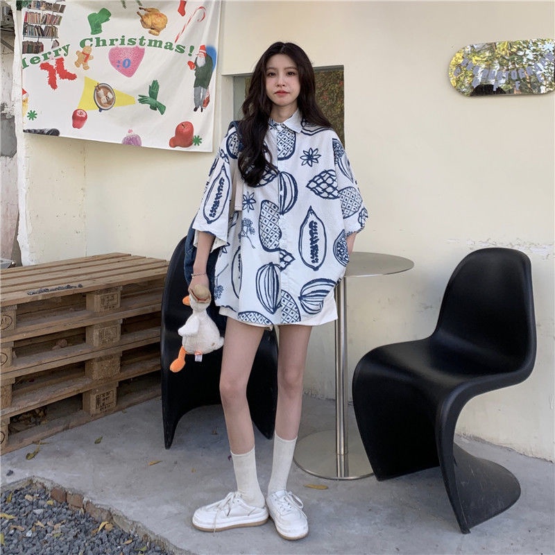 Áo sơ mi RENJIANVSHENG 157456 ngắn tay họa tiết hoa trái cây phong cách retro Nhật Bản độc đáo