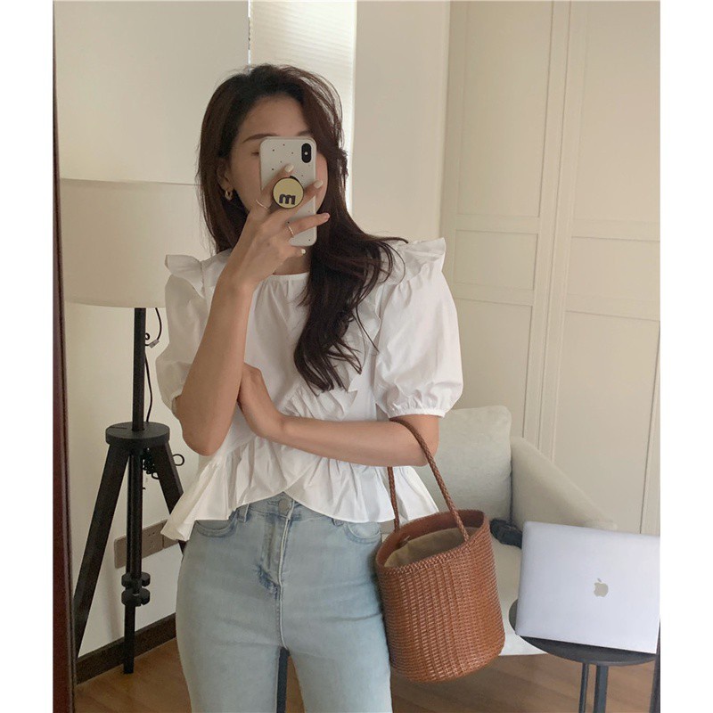 Áo Sơ Mi Trắng Tay Ngắn Cổ Tròn Nhún Bèo 44606