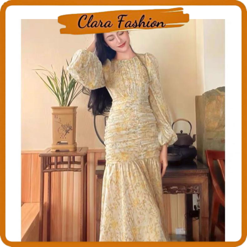 VÁY HOA VÀNG ĐUÔI CÁ NHÚN EO TAY BỒNG SIÊU XINH