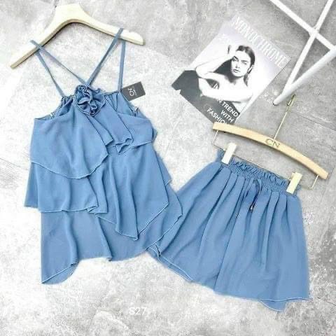 Set yếm vải voan cho nữ mặc nhà, mặc đi chơi, áo yếm tầng có đính nơ, quần short, vải voan dày dặn, form đẹp, quyến rũ