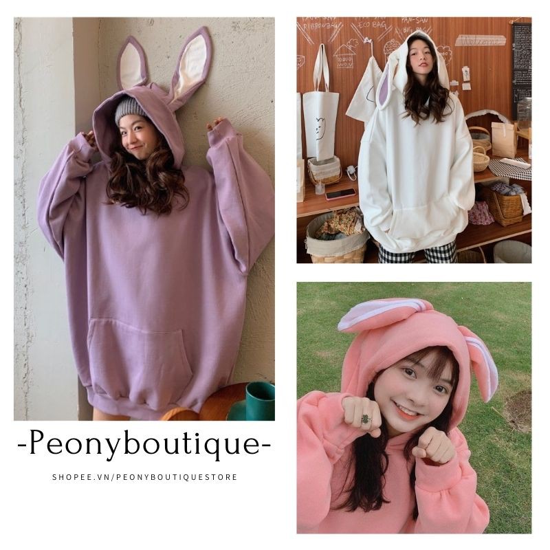 Áo Hoodie Nỉ Tai Thỏ 🌺 Áo Sweater nữ form rộng có mũ tai thỏ Bunny 2 màu TRẮNG | HỒNG style Korea Ulzzang SIÊU HOT 🌺