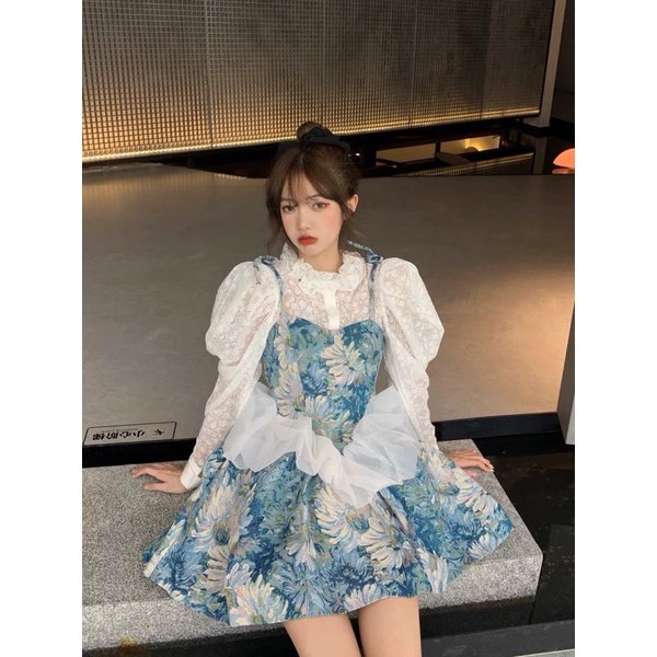 GINA DRESS Đầm xanh hoạ tiết hoa sơn dầu vintage phong cách cổ điển thanh lịch SAM SAM BOUTIQUE