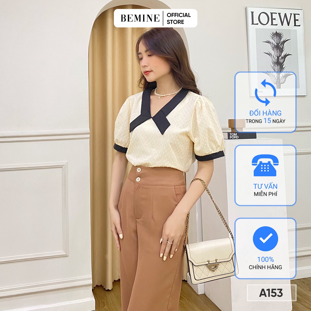 Áo sơ mi công sở nữ phối cổ đen họa tiết nổi thanh lịch BEMINE A153DA