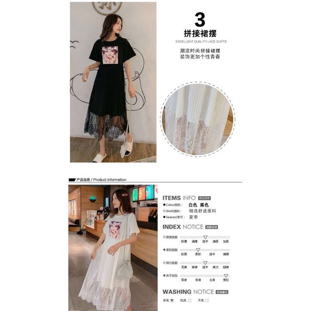 (Order) bigsize Váy thun in hình cô gái phối chân ren xoè