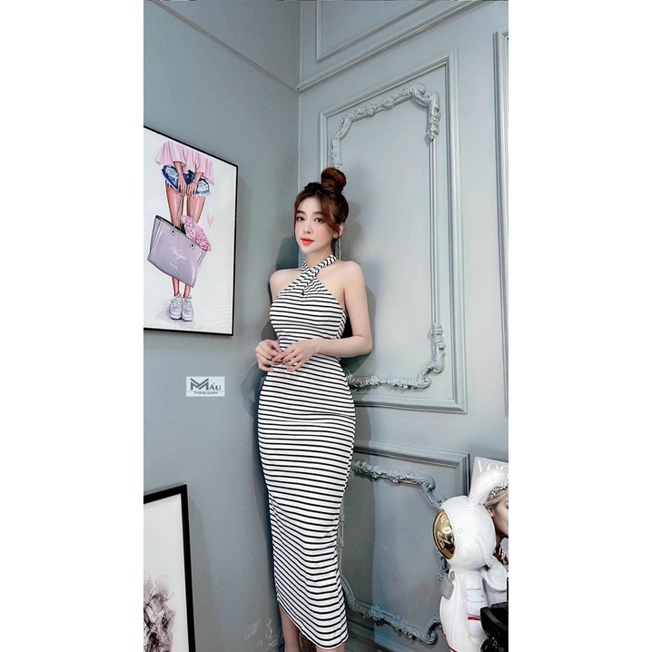 Đầm yếm dáng dài ôm body sọc ngang cực xinh , chất thun gân mềm mịn