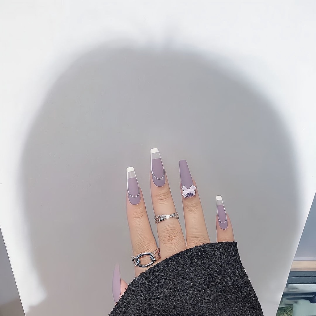 YADORNOS Set 24 Móng Tay Giả Dáng Dài Màu Tím Phong Cách Pháp