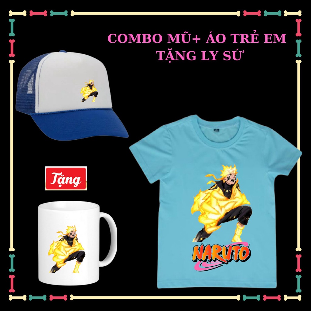 Combo Áo Naruto+Mũ Lưỡi trai Naruto-Tặng Ly sứ Naruto cho trẻ em tay ngắn Vải thun thái co giãn 4 chiều