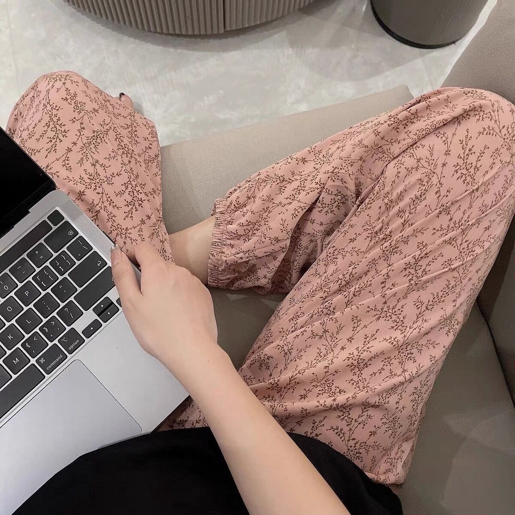 Quần Ngủ Ống Rộng Lưng Cao In Họa Tiết Hoa Thời Trang Mới Cho Nữ