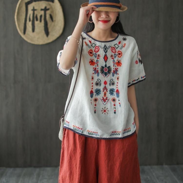 Áo Thun Cotton Trắng Dáng Rộng Thêu Hoạ Tiết Đơn Giản Trẻ Trung Có Size Lớn 4xl