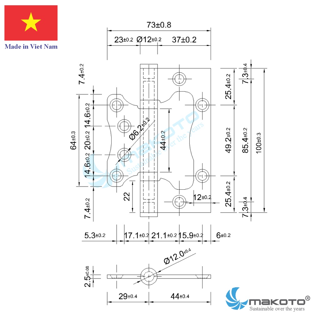 Bản lề cửa gỗ MAKOTO 100x72x2.5mm, Bản lề inox 304 âm dương (Cánh bướm)