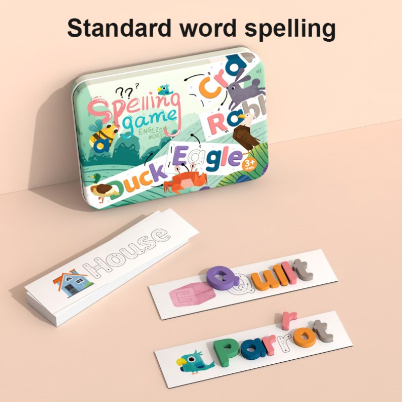 New iron box English alphabet spelling game Wooden Jigsaw Puzzle English practice card game 【Puue】