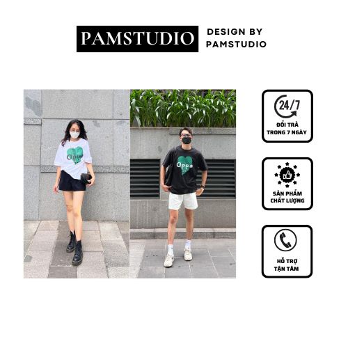 Áo Phông Couple Oppa PAMSTUDIO Áo Phông Nam Nữ Cotton Oppa Đen Trắng