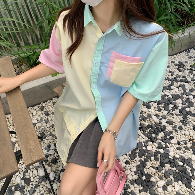 Áo sơ mi ZHELIHANGFEI tay ngắn dáng rộng màu macaron thời trang dành cho nữ