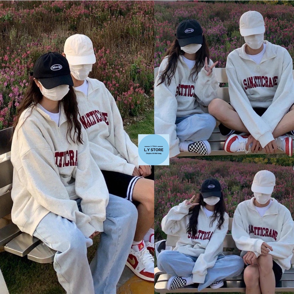 Áo Nỉ Polo Phối Khóa Cổ Sanja L.Y Store Unisex Sweater form rộng tay bồng màu xám phối chữ đỏ vintage hàn quốc