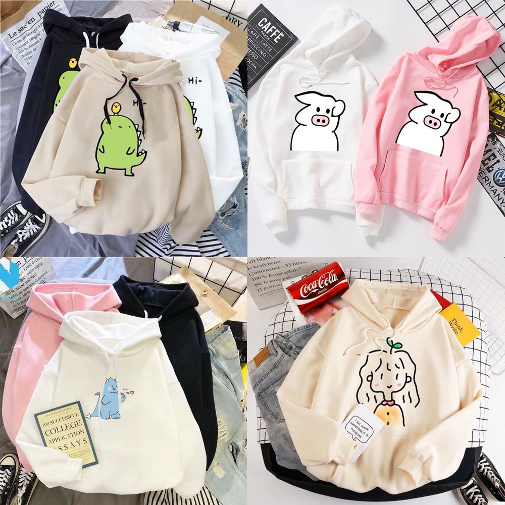 Áo hoodie lót nỉ freesize có túi in hoạt hình động vật khủng long dễ thương, nữ dưới 55kg đều mặc vừa | BigBuy360 - bigbuy360.vn