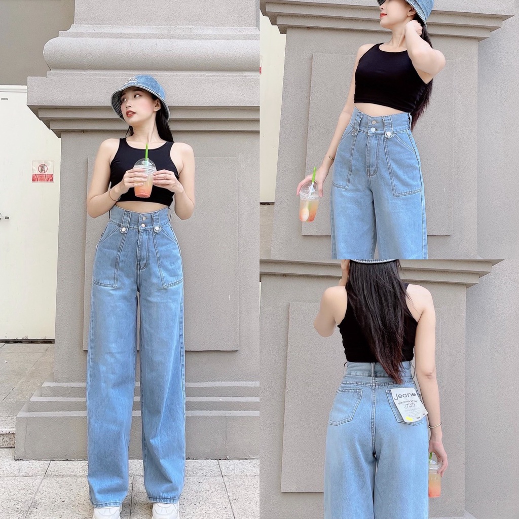 Quần bò nữ ống rộng cạp cao túi kiểu phía trước dáng suông phong cách ulzzang