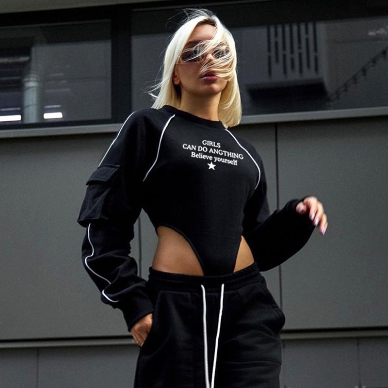 Áo Liền Quần Dài Tay Cổ Tròn In Chữ Thời Trang Dành Cho Nữ