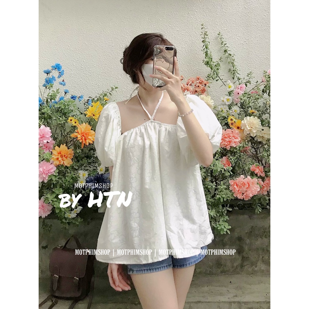 BANO TOP, Áo babydoll tay phồng bẹt vai cổ yếm