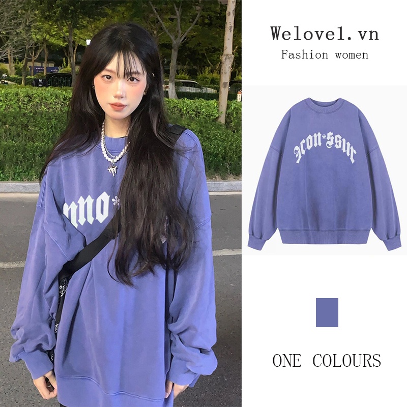 「 WELOVE1 」Áo nỉ dài tay cổ tròn thời trang Hàn Quốc cho nữ